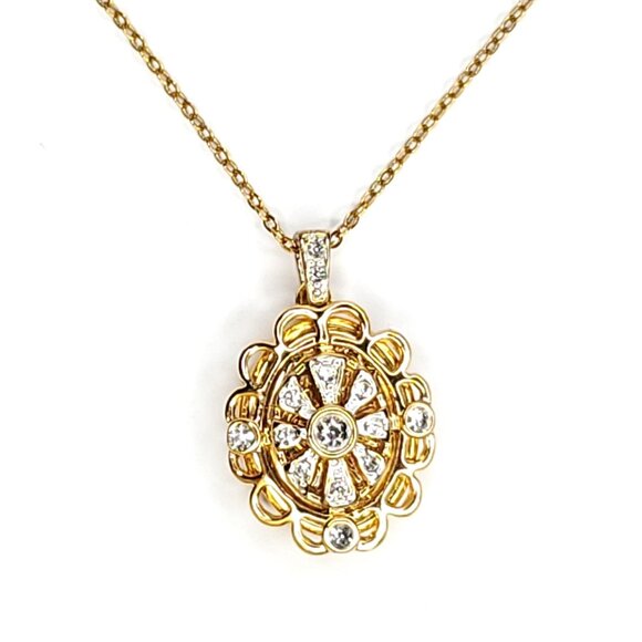 Locket Pendant Necklace Rhinestone Bling Goldtone Oval Scalloped Edge Hearts - Picture 1 of 5